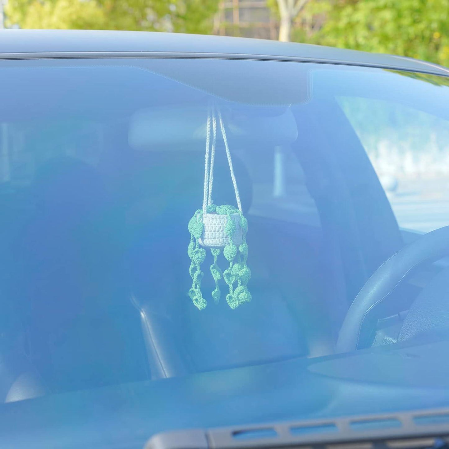 Handmade Crochet Potted Plant Car Hanging Ornament | Rearview Mirror Basket Decor | Boho Car Accessories | Cute Plant Lover Gift
