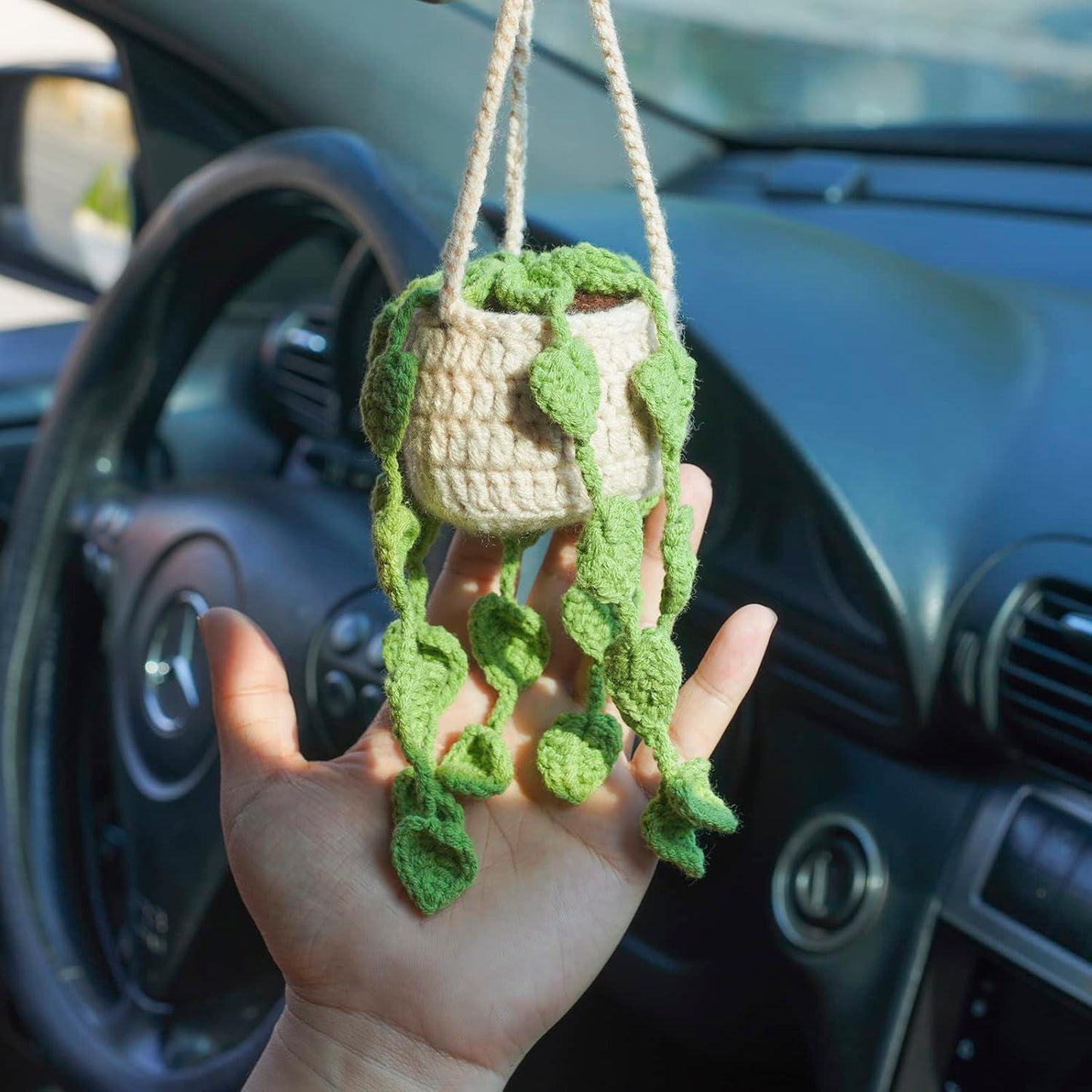 Handmade Crochet Potted Plant Car Hanging Ornament | Rearview Mirror Basket Decor | Boho Car Accessories | Cute Plant Lover Gift