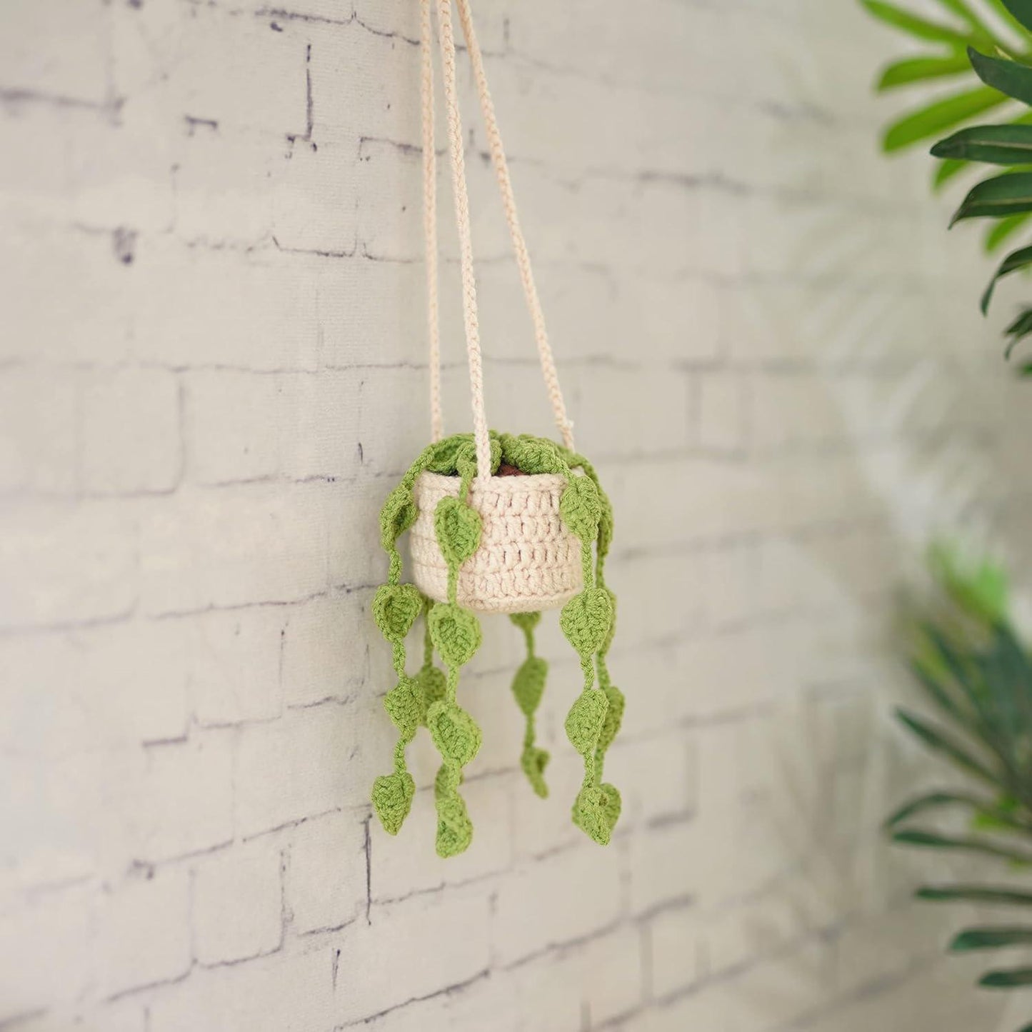 Handmade Crochet Potted Plant Car Hanging Ornament | Rearview Mirror Basket Decor | Boho Car Accessories | Cute Plant Lover Gift