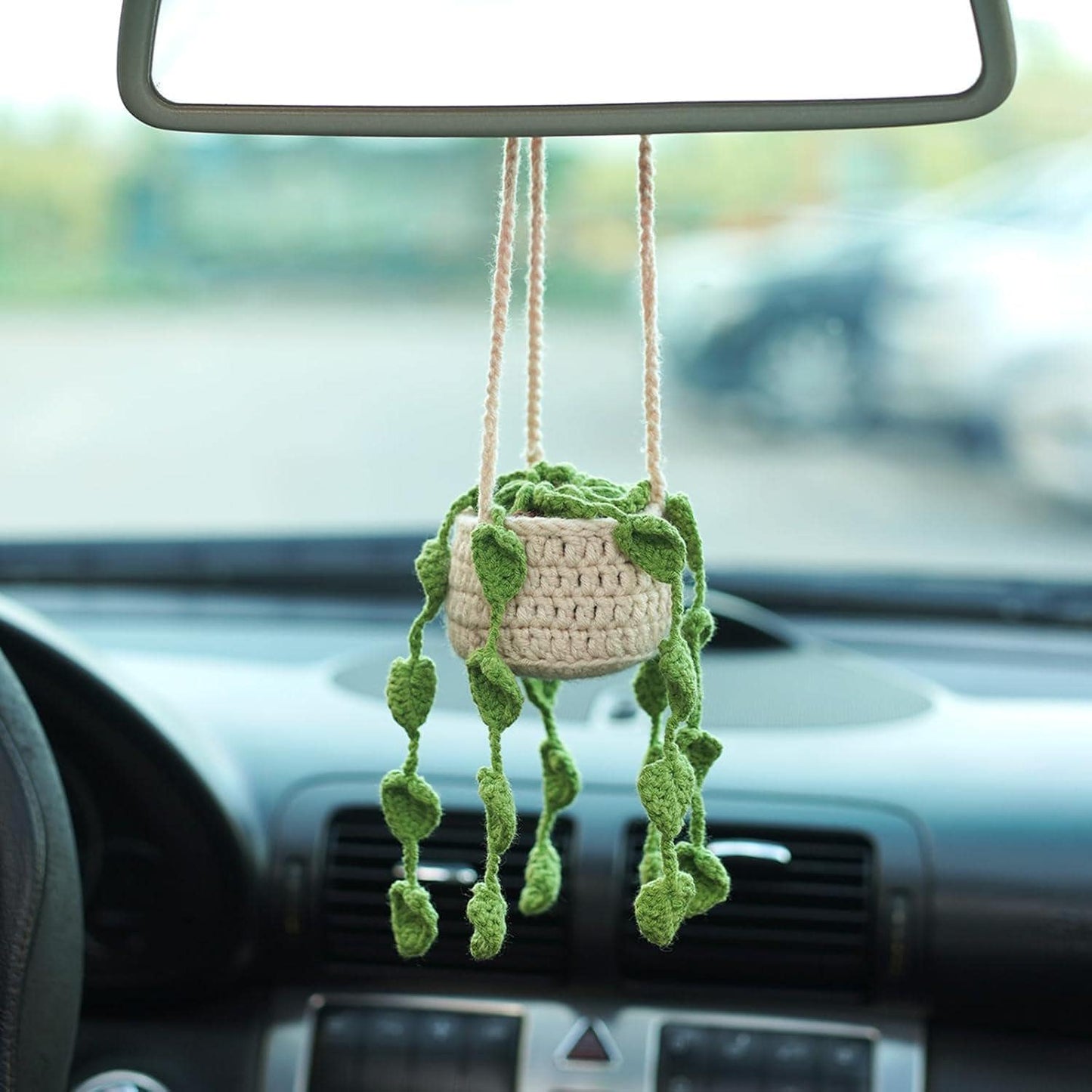 Handmade Crochet Potted Plant Car Hanging Ornament | Rearview Mirror Basket Decor | Boho Car Accessories | Cute Plant Lover Gift