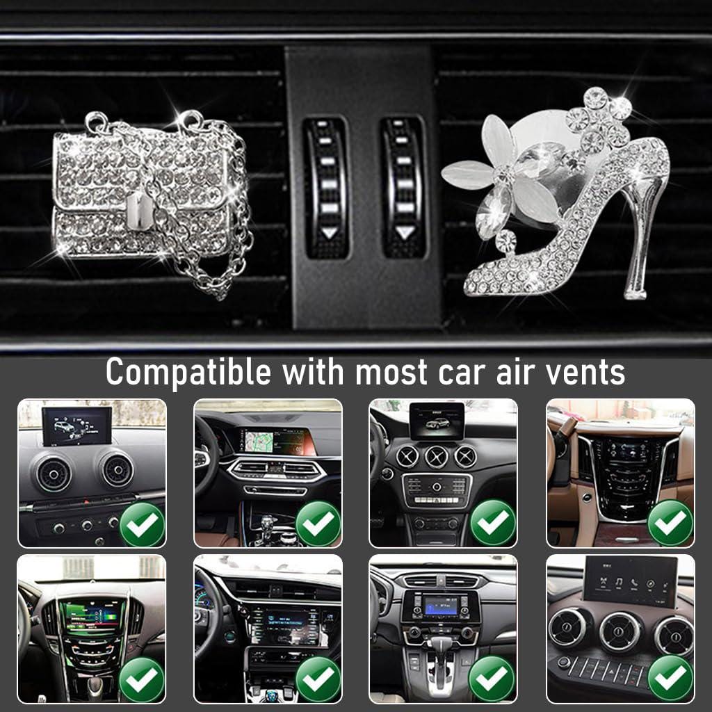 2 Pack Bling Crystal Car Air Vent Clip Charms – Rhinestone Oil Diffuser & Car Fresheners for Women (Handbag and High Heel)