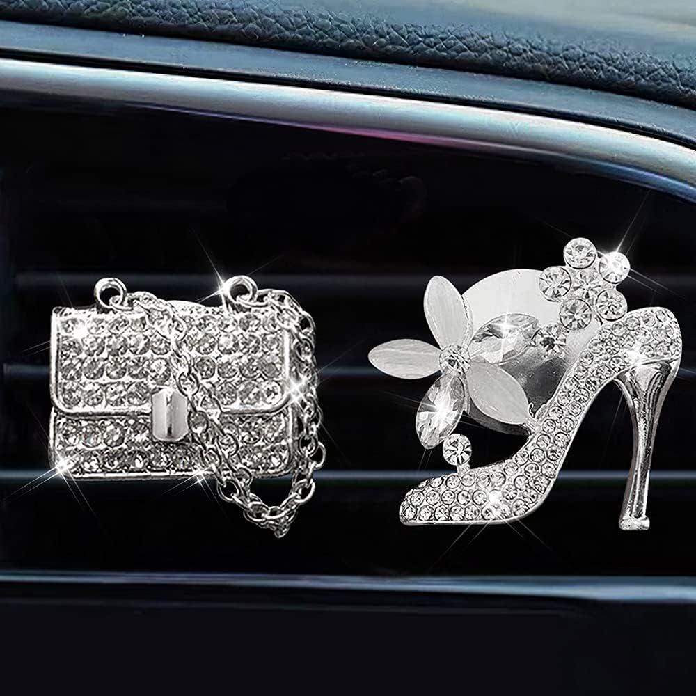 2 Pack Bling Crystal Car Air Vent Clip Charms – Rhinestone Oil Diffuser & Car Fresheners for Women (Handbag and High Heel)
