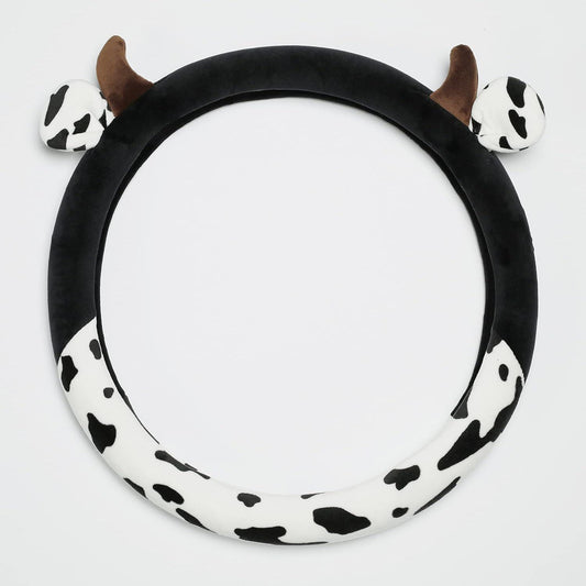 Cute Fluffy Cow Print Steering Wheel Cover | 15-Inch Plush Non-Slip Car Steering Wheel Protector | Universal Fit for SUV, Sedan, Truck