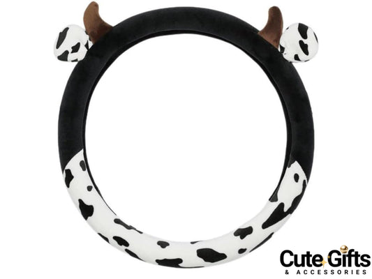 Cute Fluffy Cow Print Steering Wheel Cover | 15-Inch Plush Non-Slip Car Steering Wheel Protector | Universal Fit for SUV, Sedan, Truck